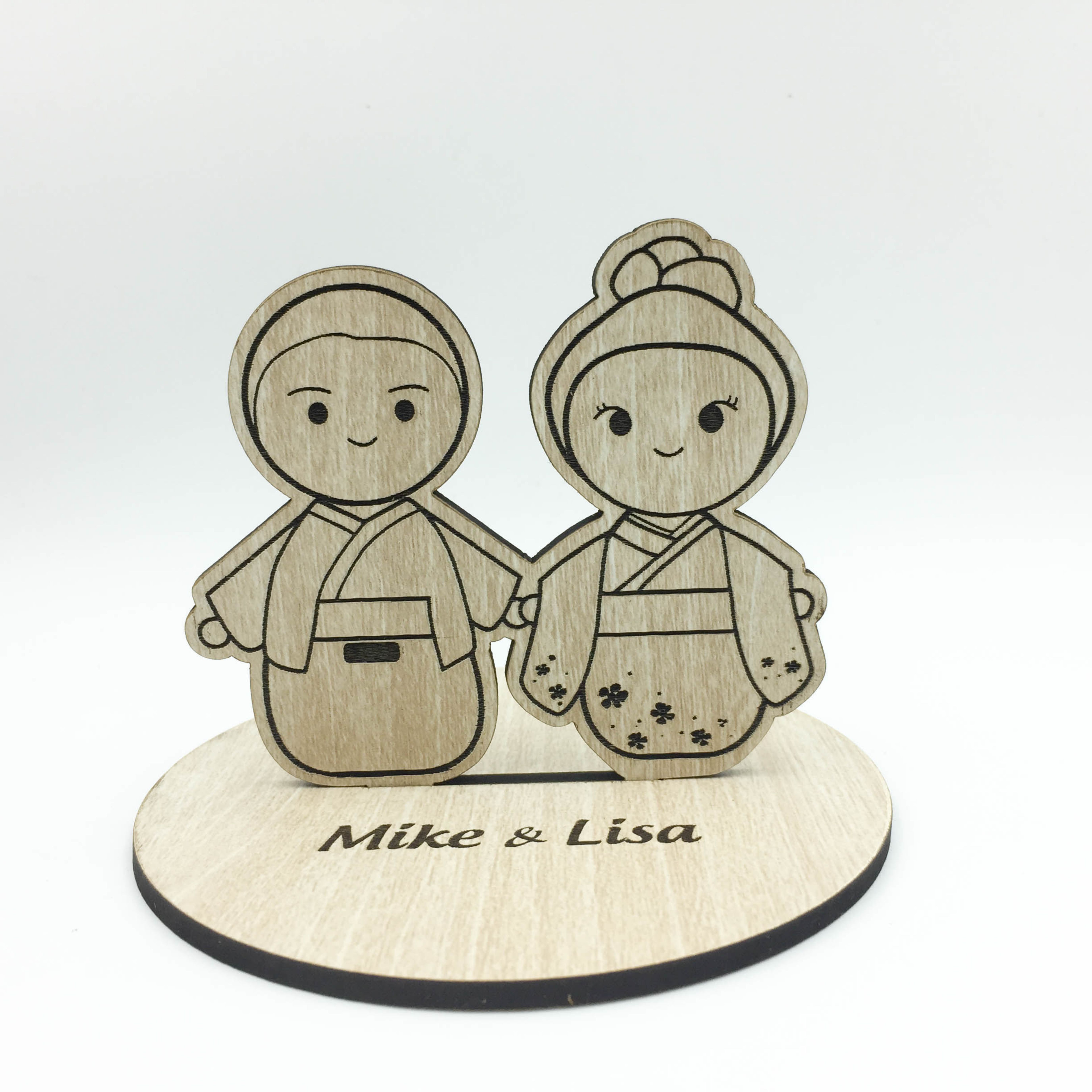 Picture of Wood Japanese Wedding Cake Topper, Kokeshi doll style, Custom Wood Standee cake topper