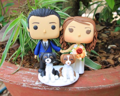 Picture of Mini Funko Pop Bride & Groom with Dogs Wedding Cake Topper
