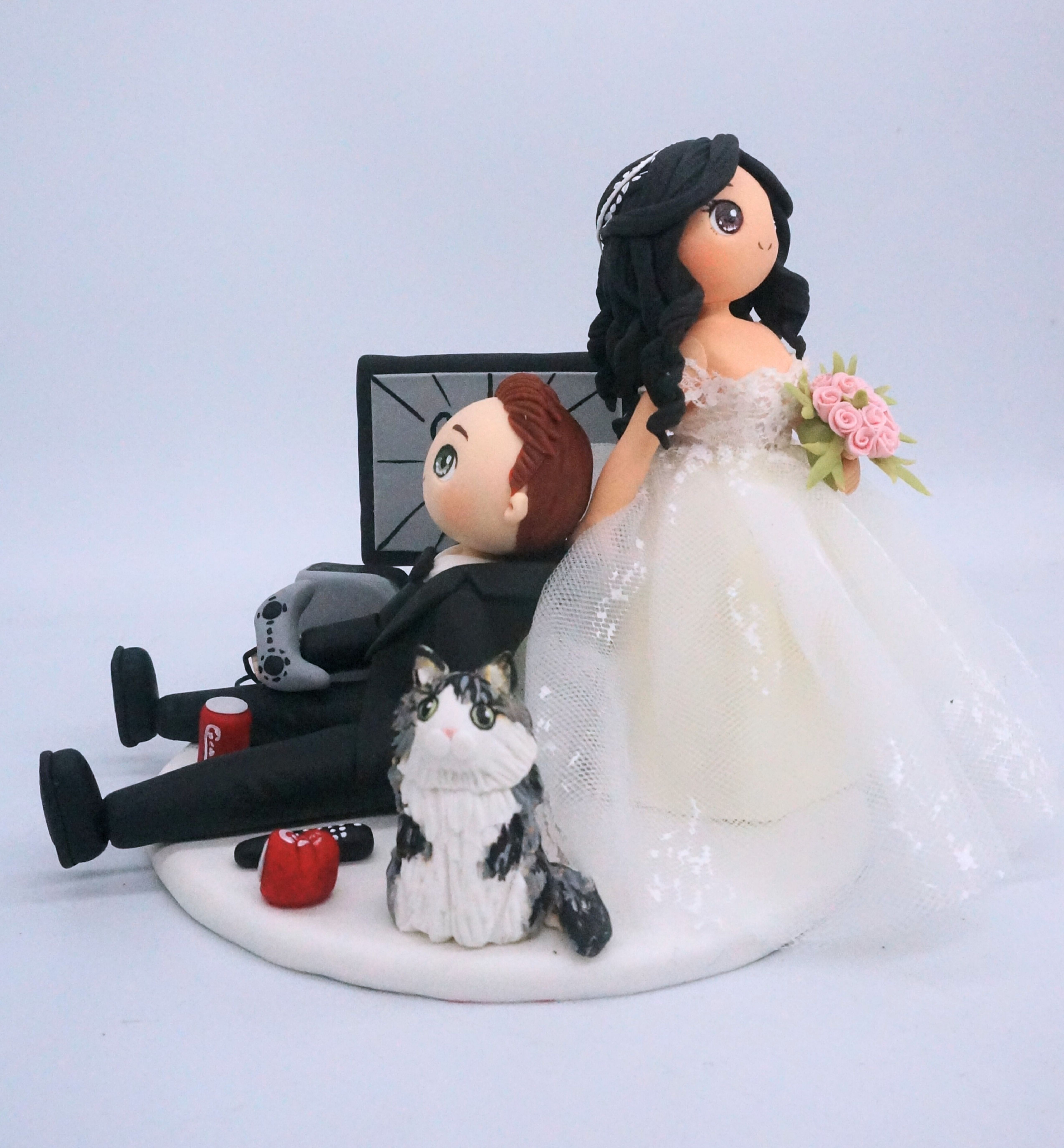 Picture of Bride dragging groom gamer Wedding Cake Topper, Wedding Cake Topper with a cat 