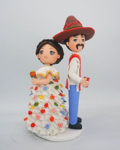 Picture of Traditional Mexican Wedding Cake Topper, Chiapaneco Dress and Poncho Wedding Cake Topper, Maracas & Sombrero