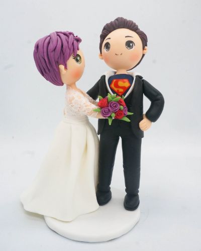 Picture of Superman Wedding Cake Topper, Purple Short Hair Bride & Superman Groom Topper, DC Fans Wedding