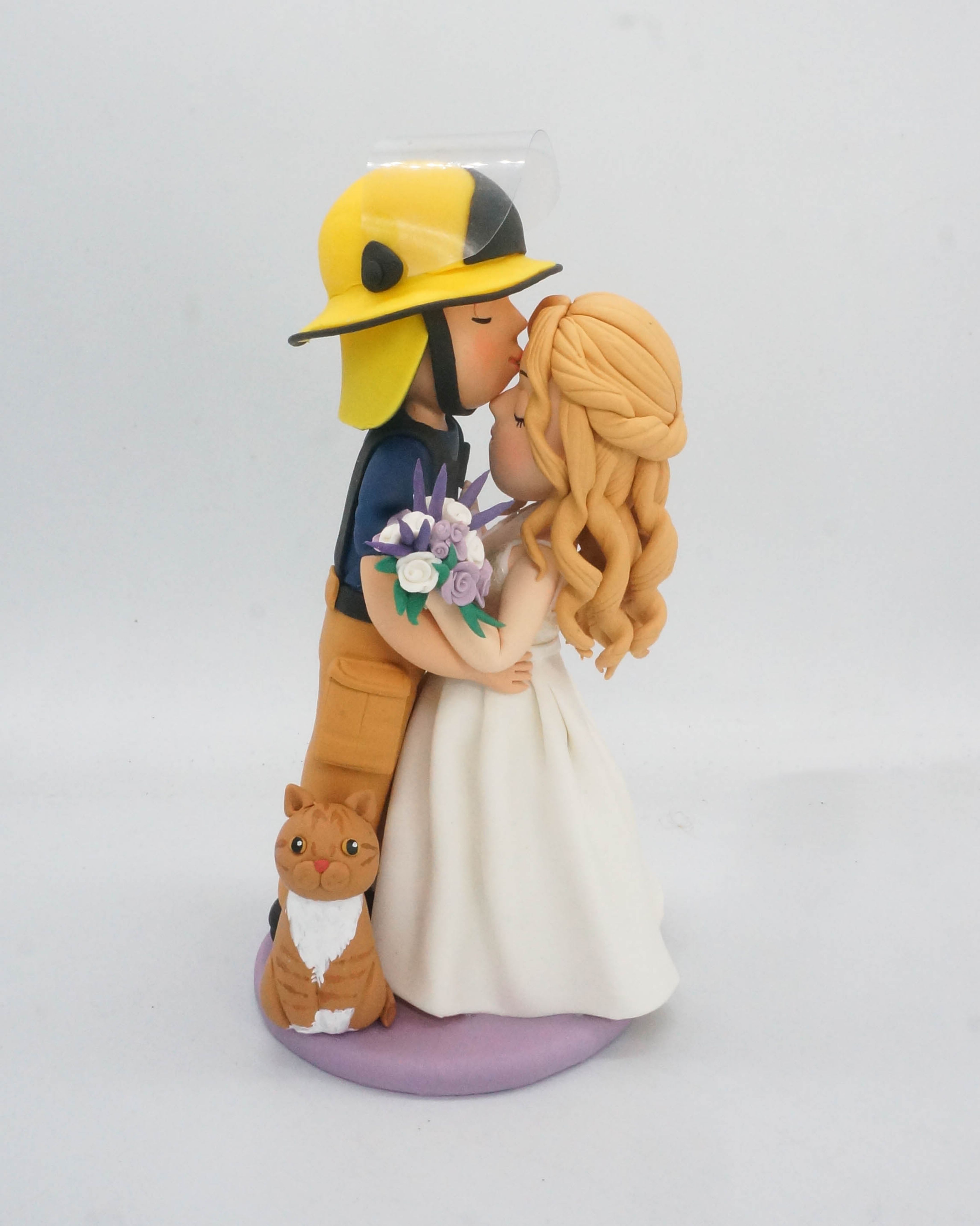 Picture of Fireman Wedding Cake Topper, Forehead Kissing Bride & Groom Cake Topper With A Cat, first responders Wedding Cake Topper