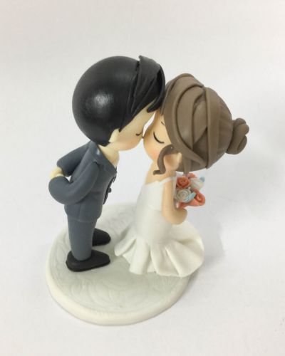 Picture of Kissing Wedding Cake Topper, Mermaid Dress Bride & Grey Suit Groom Cake Topper