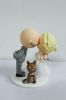 Picture of Stubble Bear Bald Groom & Updo Blonde Hair Bride Wedding  Cake Topper, Kissing Bride & Groom with a Cat Figurine