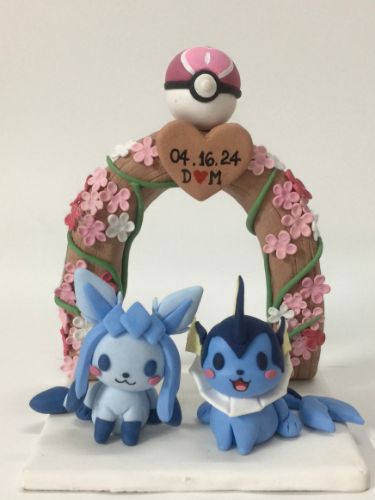 Picture of Vaporeron and Glaceon Pokemon Wedding Cake Topper with Floral Arch, Commission Pokemon Character