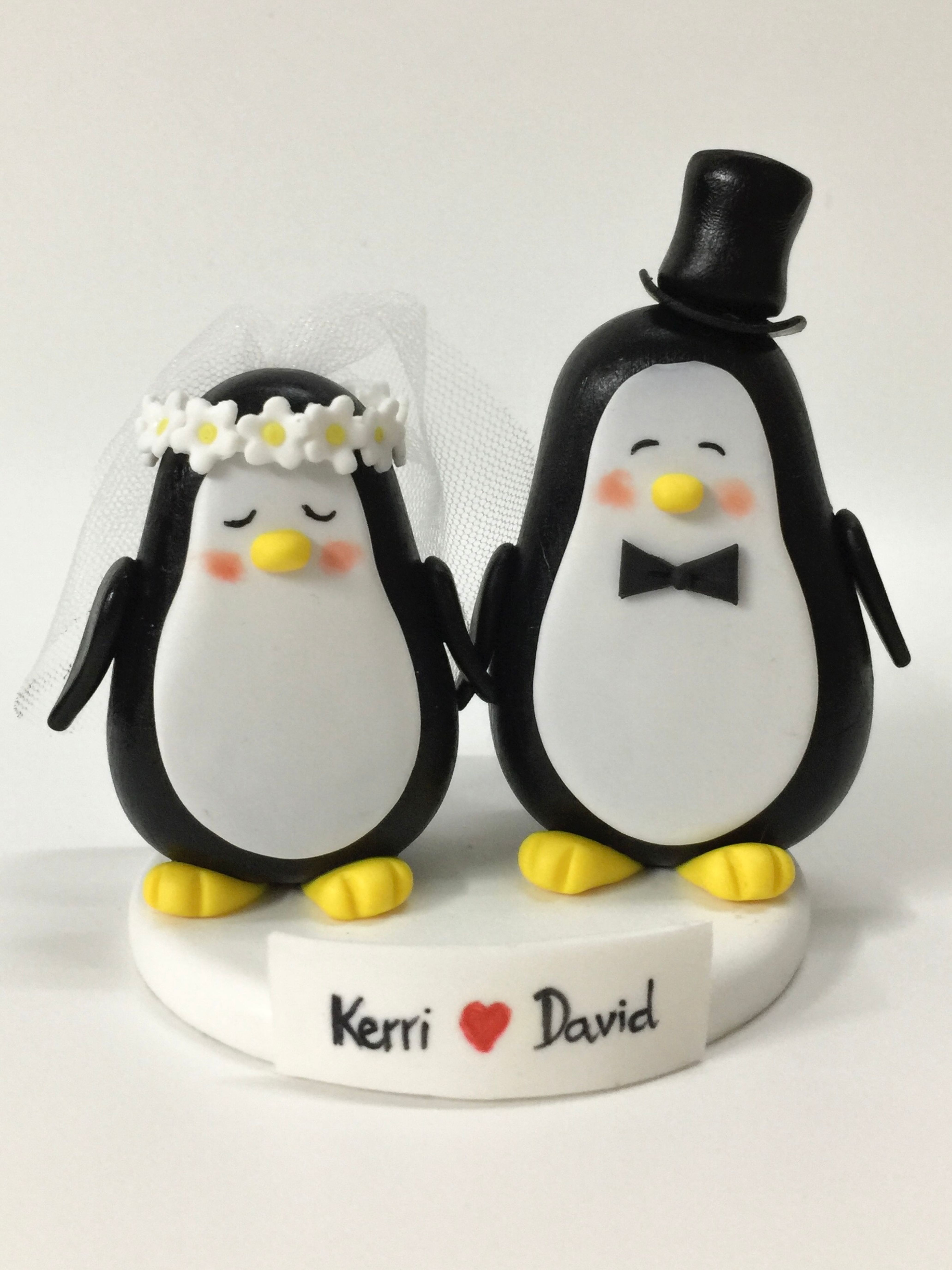 Picture of Penguin Bride & Groom Wedding Cake Topper, Animal Lovers Wedding Theme, Bridal Flower Crown Cake Topper