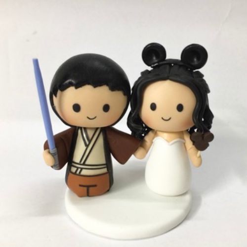 Picture of Obi- Wan Kenobi Groom with Lightsaber & Mickey Bride with Mickey Ice Cream Wedding Cake Topper