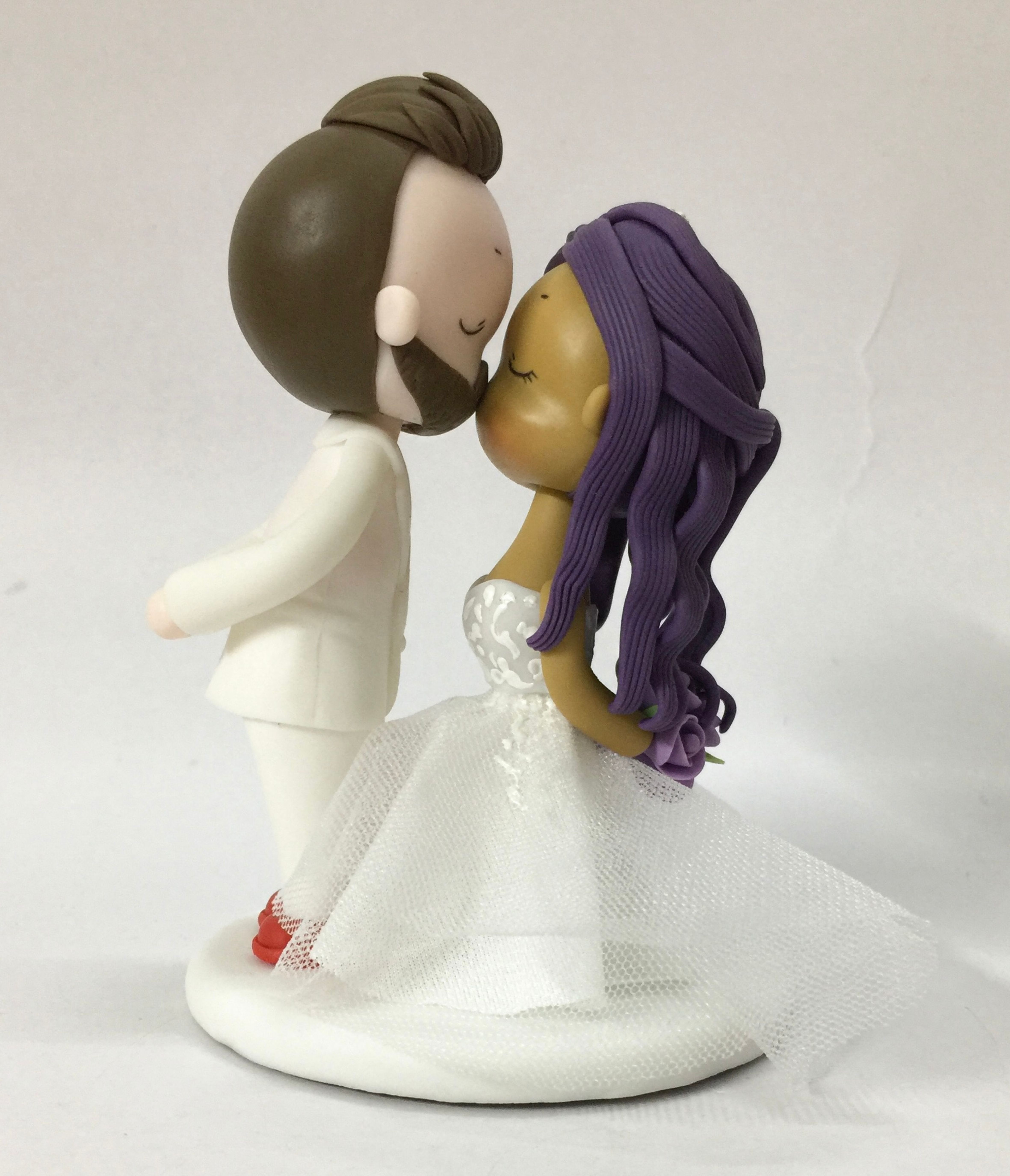 Picture of Dark Purple Hair Bride & Brown hair Groom Wedding Cake Topper, Kissing Interracial Couple