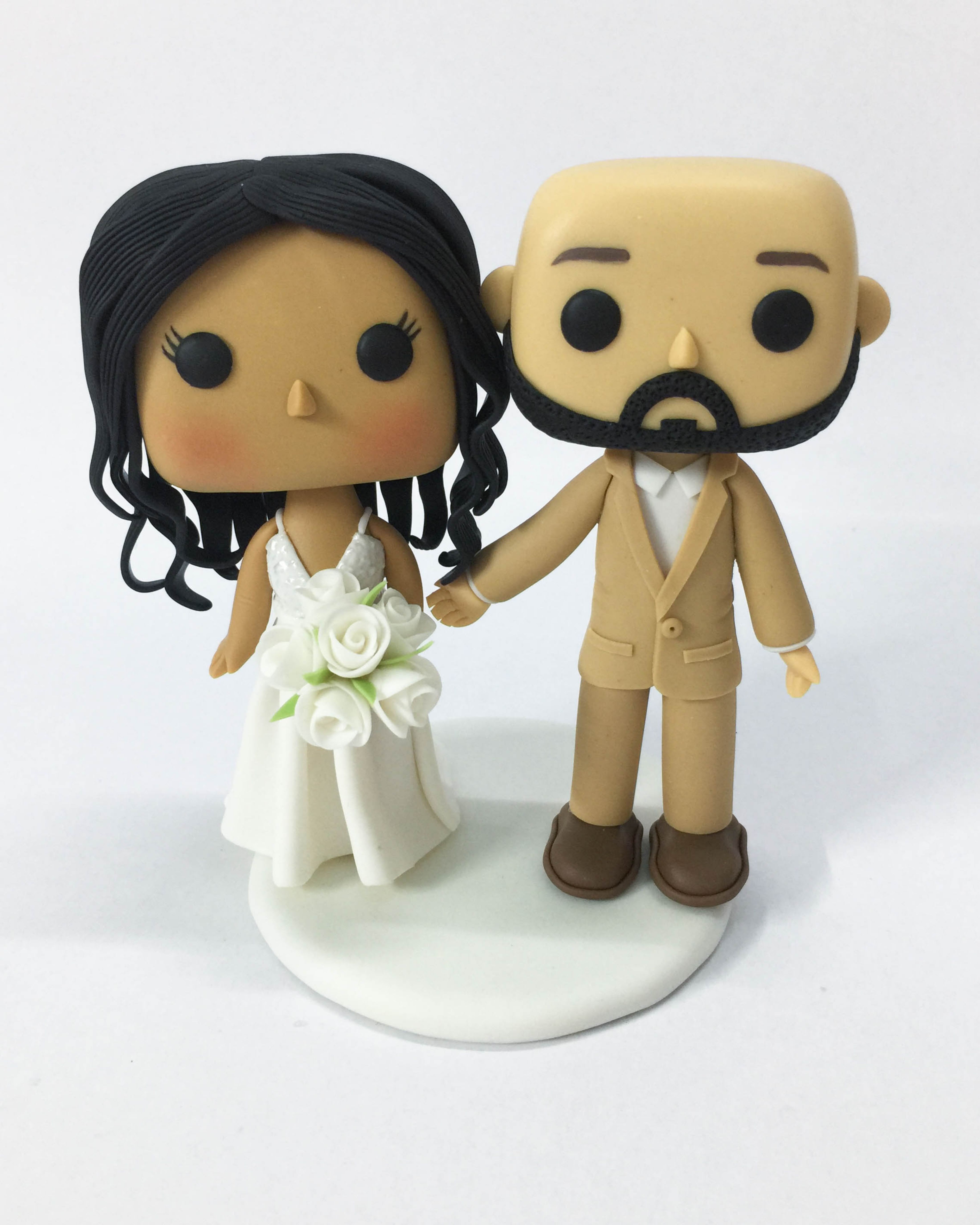 Picture of Funko Pop Bride & Groom Wedding Cake Topper, Bald Mustache & Beard Groom & Wavy Hair Bride Wedding Topper