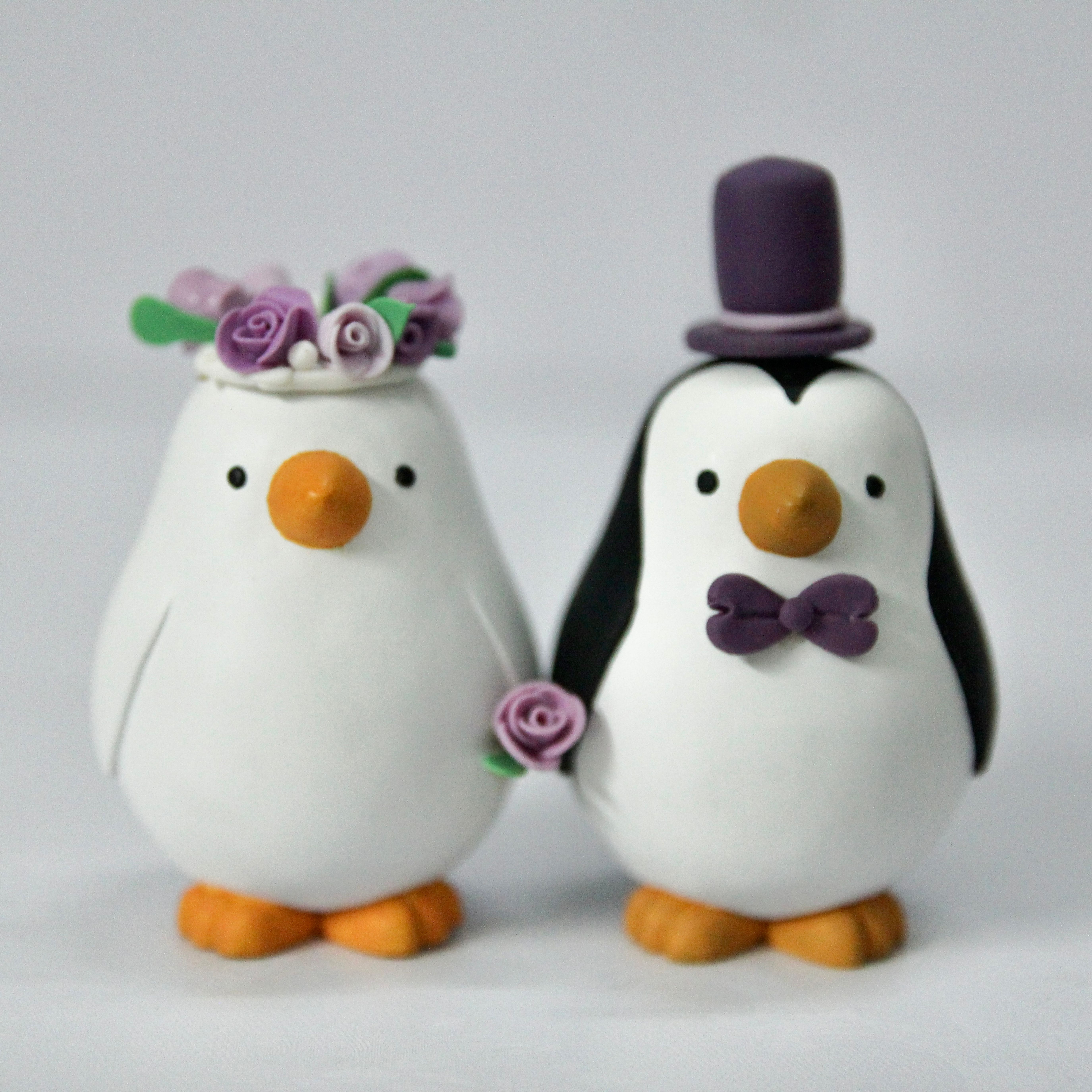 Picture of Purple Theme Penguin Wedding Cake Topper,  Penguin Engagement Cake Topper