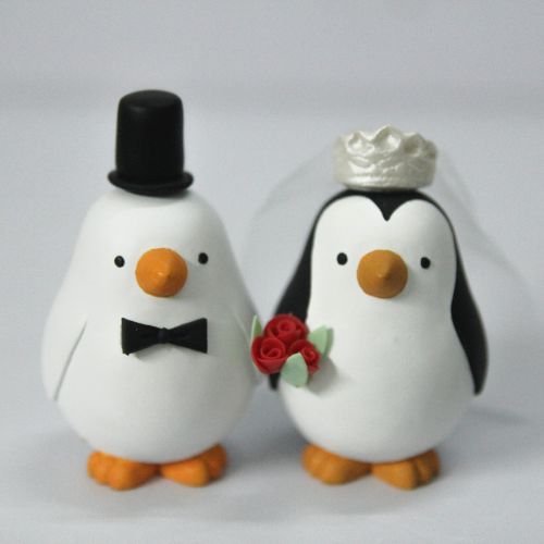 Picture of Mixed Race Miniature Penguin Wedding Cake Topper, Interracial Mr. & Mrs. Penguin Wedding Figurine