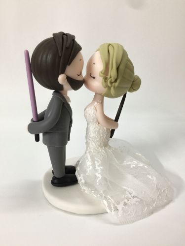 Picture of Lace mermaid dress bride & Grey suit groom wedding cake topper, Lightsaber & Wizard Wand Clay Figurine