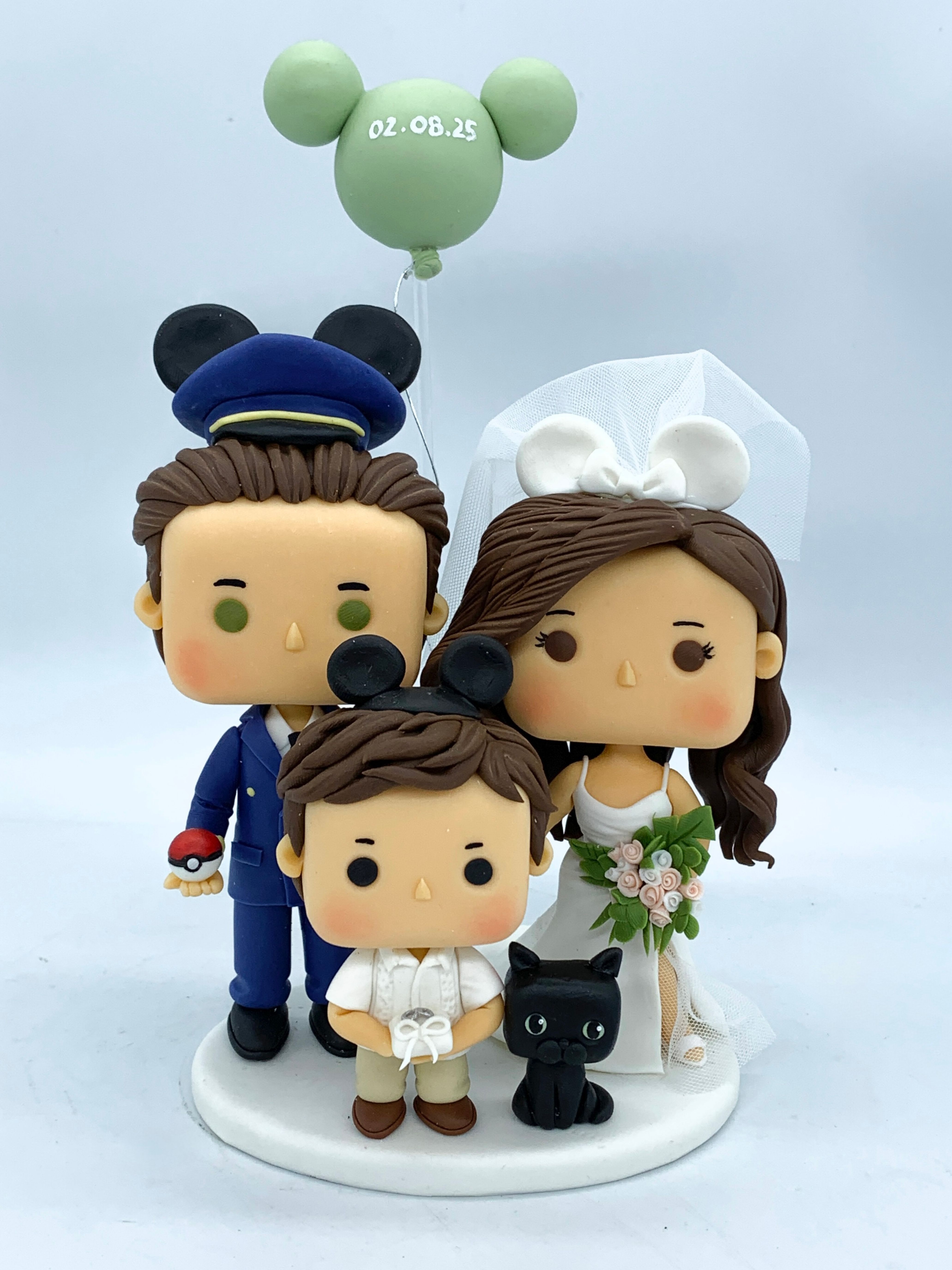 Picture of Funko Pop Family Cake Topper with Cat, Pilot Groom Wedding Figurine, Wedding Cake Topper with Son & Cat, Pokemon Cake Topper, Disney Wedding Theme