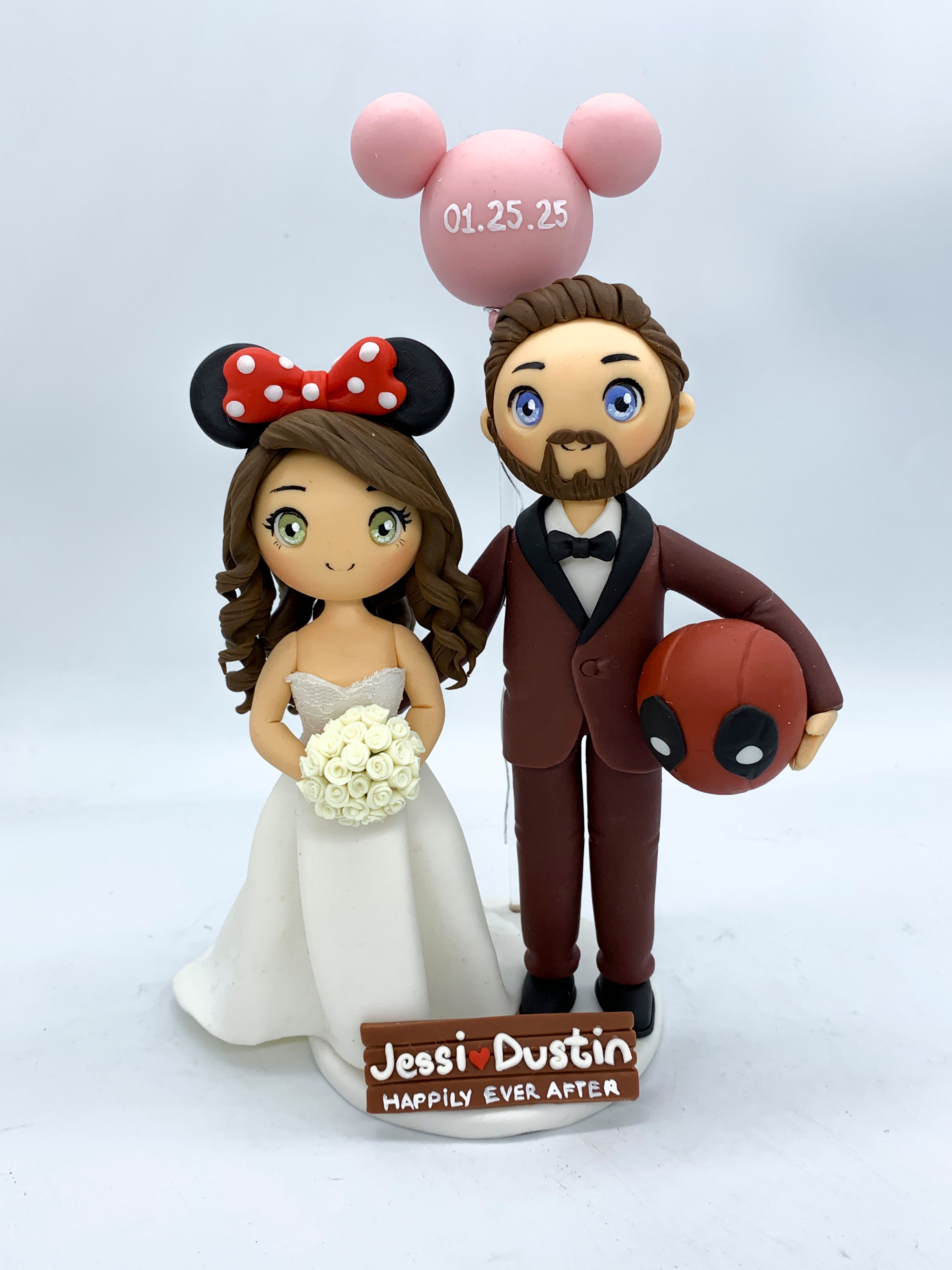 Picture of Deadpool Groom & Minnie Bride Wedding Cake Topper, Superhero Commission Gifts, Marvel Wedding Keepsake, Handmade Deadpool Clay Figurine